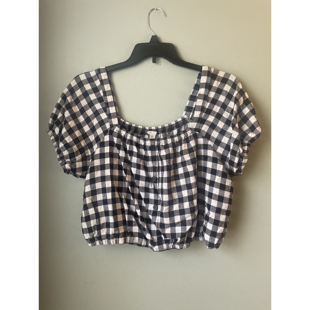 Cato‎ Womens Linen Blend Gingham Puff Sleeve Crop Top Milk Maid CottageCore XL